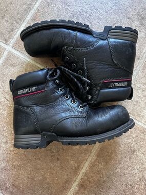 Caterpillar Black Leather Lace-Up Work Boots with Red Accent